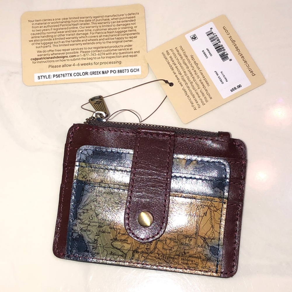 Patricia Nash Cassis Leather ID Wallet Greek Map Print NWT & Registration Card